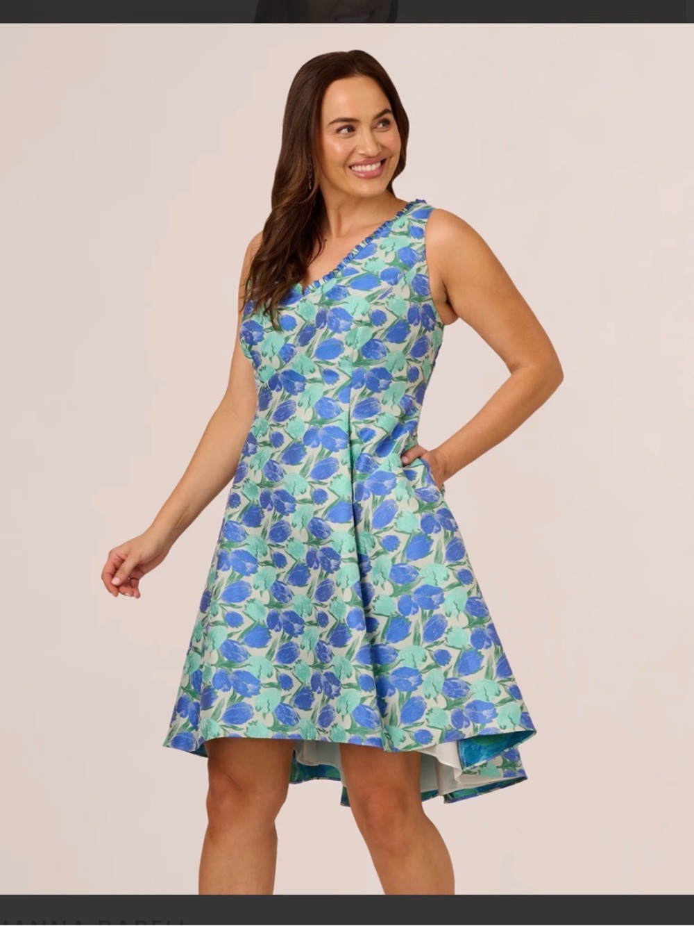 Adrianna Papell Blue and Mint Floral High-Low V-Neck Dress